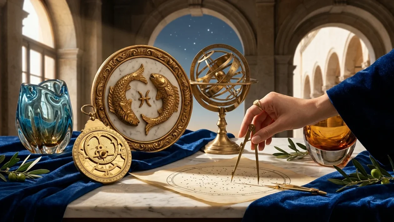 Illustrazione artistica del segno zodiacale dei Pesci immerso in riflessi celesti e costellazioni