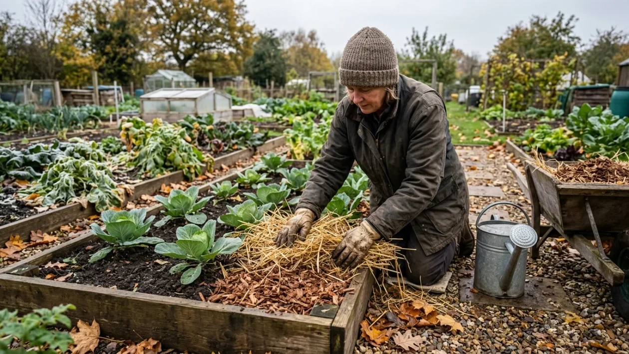 Strato di pacciamatura vegetale a base di paglia distribuito attorno alle colture dell orto