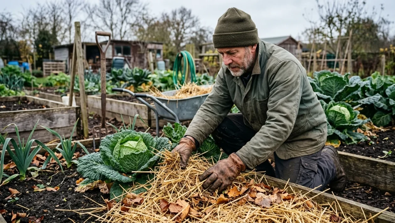 Strato naturale di paglia e foglie secche distribuito sopra il terreno dell'orto durante l'inverno
