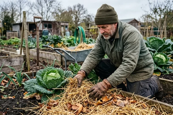 Strato naturale di paglia e foglie secche distribuito sopra il terreno dell'orto durante l'inverno