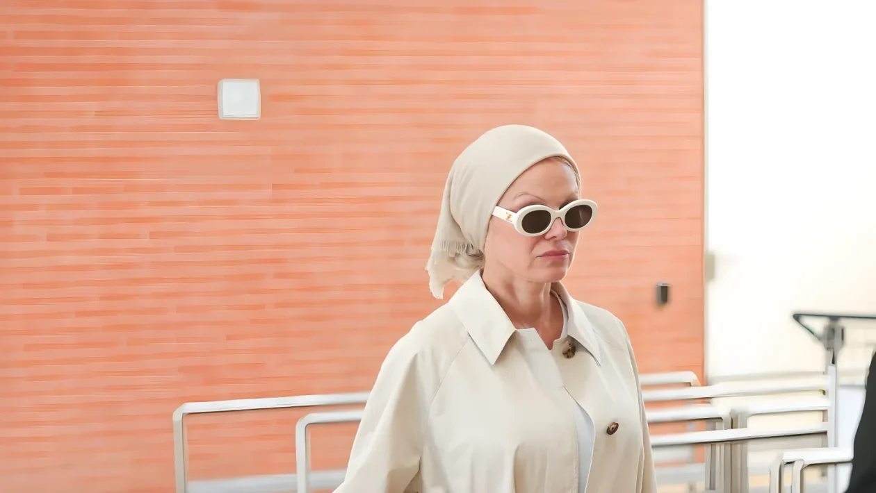 Pamela Anderson a Venezia 2026: il look almond milk con mini Prada Galleria