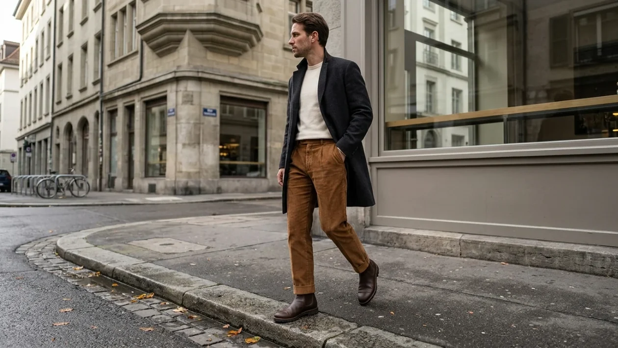 Uomo con pantaloni velluto a coste marroni e stivali in pelle