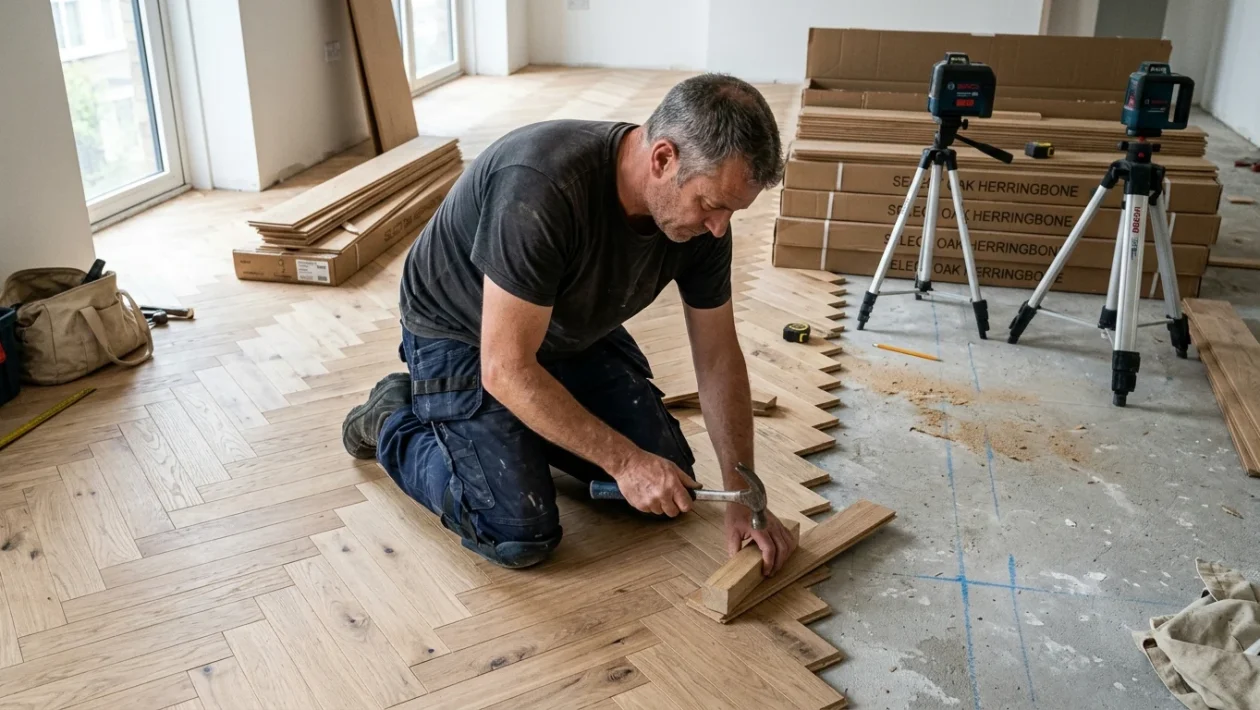 Posa a spina di pesce di un parquet in rovere naturale baciato dalla luce