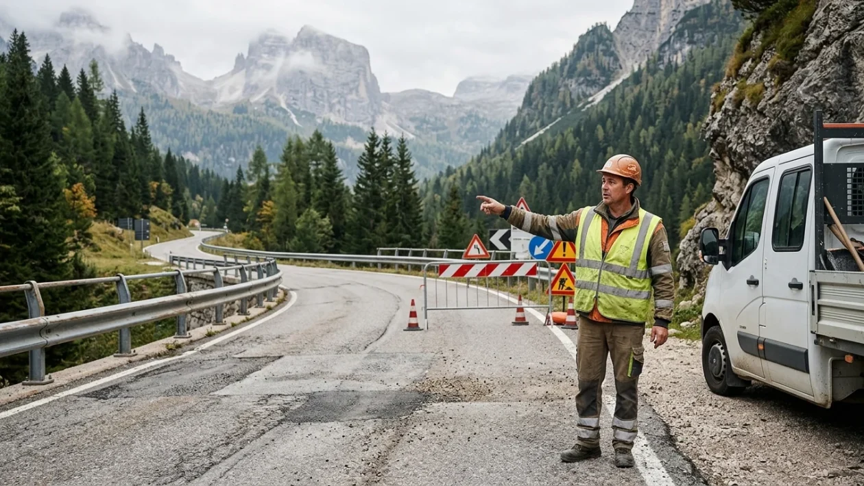 Cartello stradale e cantiere lungo la strada provinciale 347 del Passo Duran