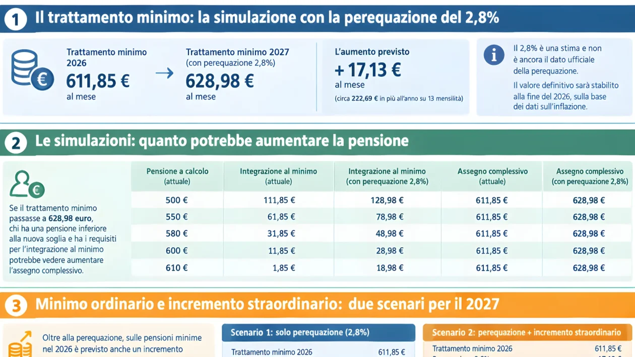 Pensioni minime verso i 628,98 euro nel 2027: le nuove stime di rivalutazione al 2,8%