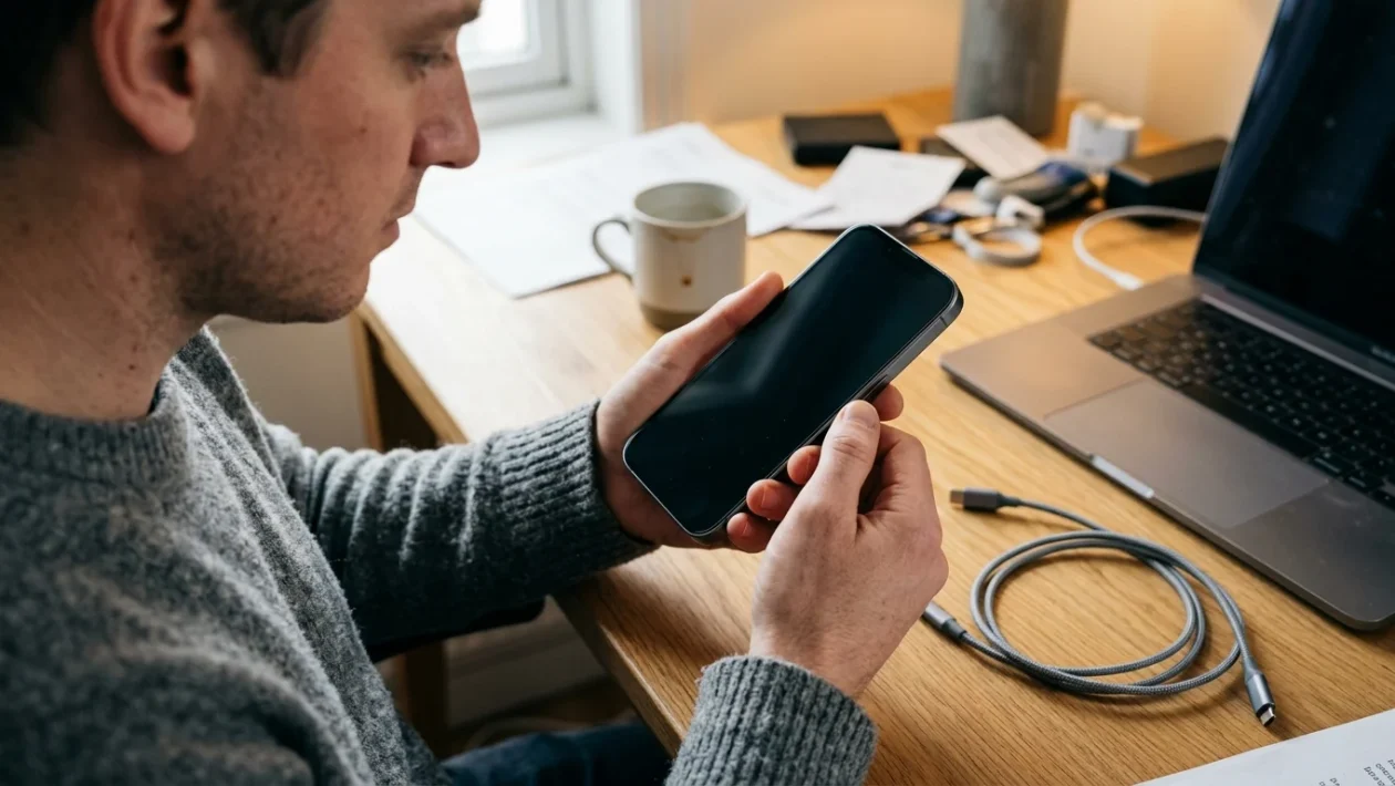 Mano che preme il tasto di accensione di uno smartphone su una scrivania