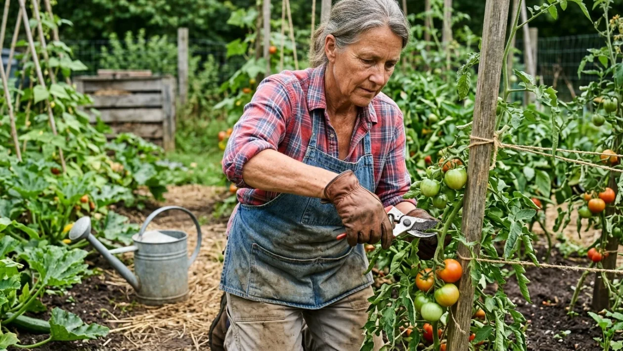 Pianta di pomodoro coltivata nell'orto con grappoli verdi e vegetazione potata a fine estate