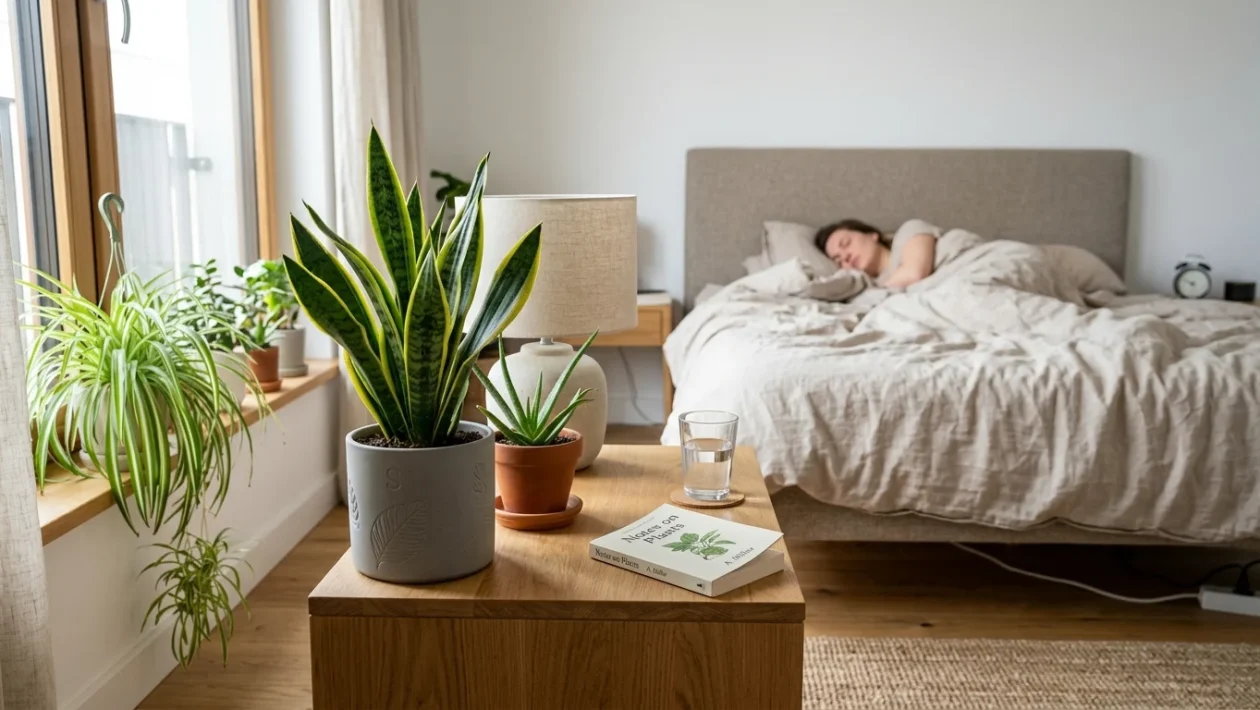 Piante da interno posizionate su un comodino in camera da letto