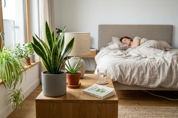 Piante da interno posizionate su un comodino in camera da letto