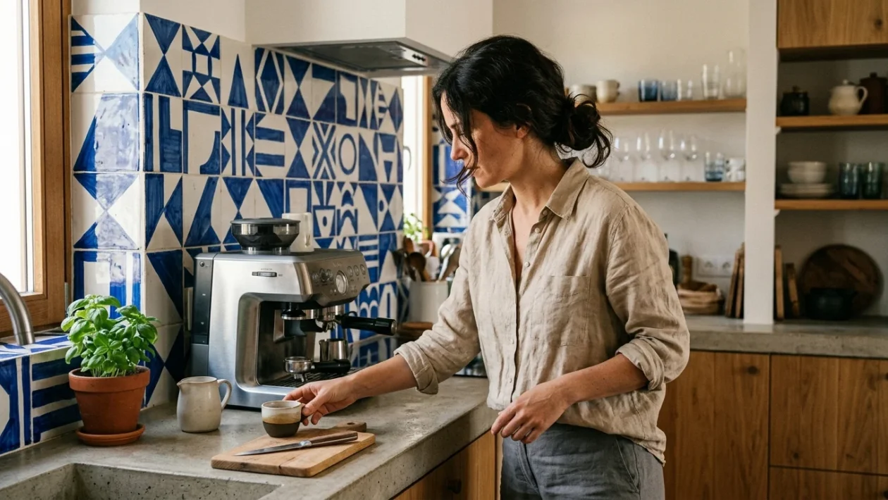 Composizione di piastrelle in ceramica bianca e blu con motivi geometrici ispirati al design di Gio Ponti