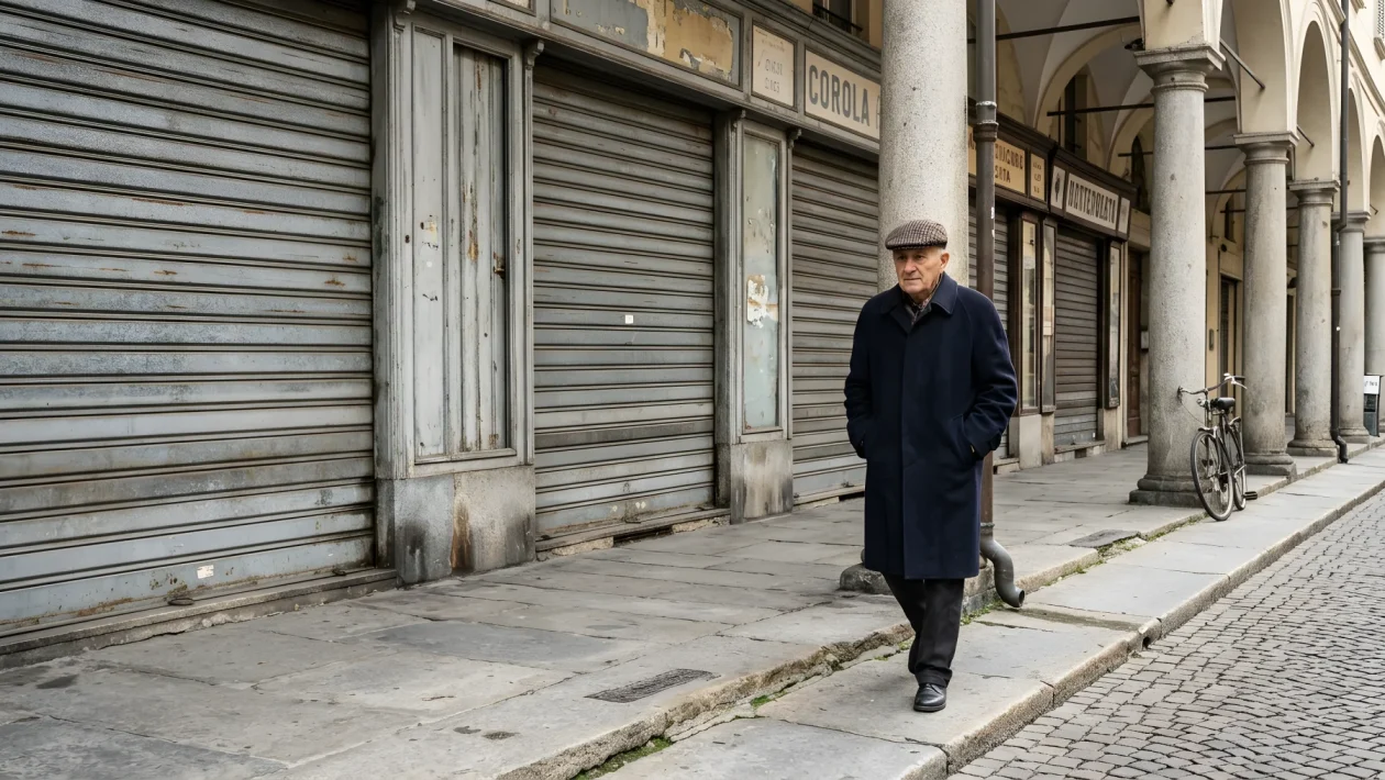 Serrande abbassate di negozi commerciali chiusi lungo una via urbana