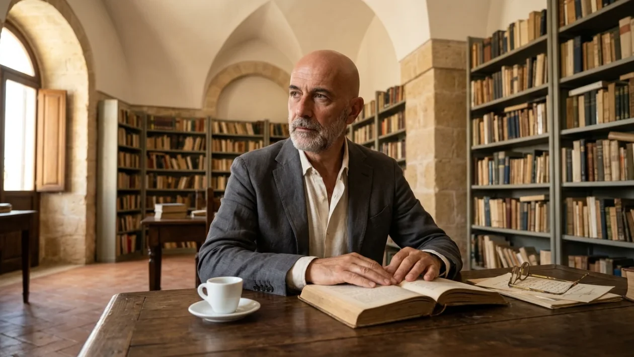 Ritratto dello scrittore e giornalista Pietrangelo Buttafuoco durante un incontro culturale