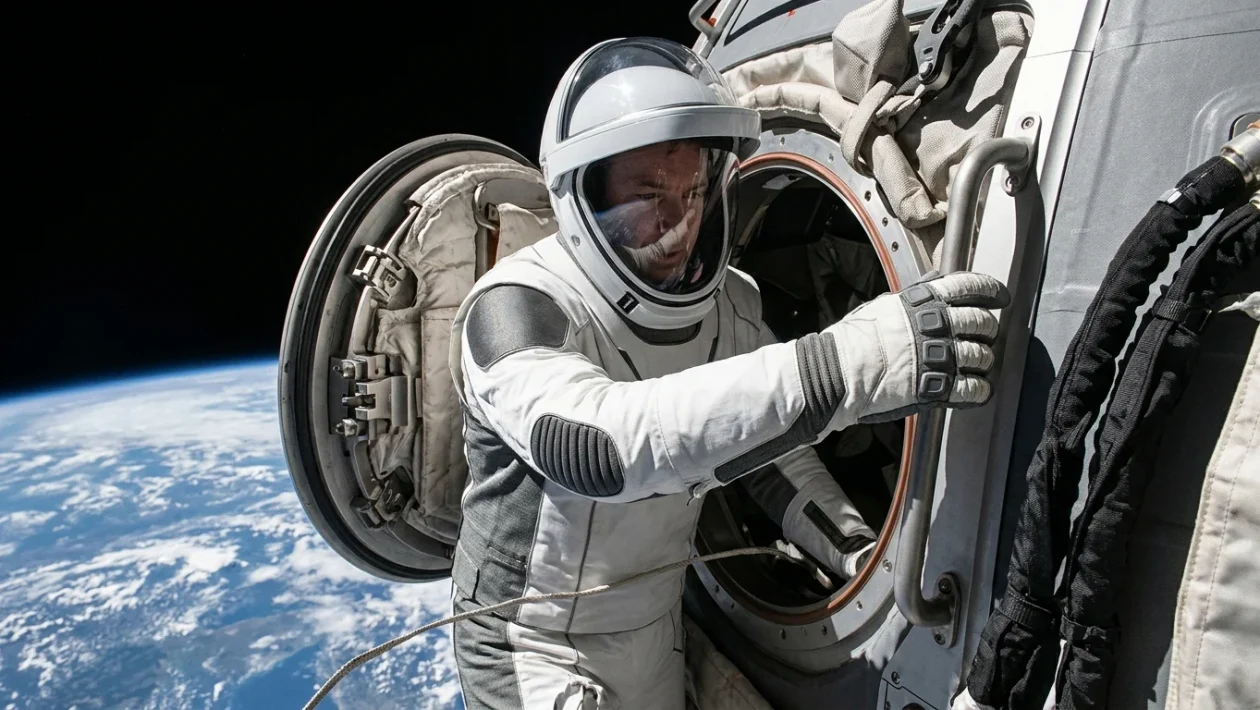 Astronauta privato della missione Polaris Dawn impegnato nelle operazioni all'esterno della capsula Crew Dragon