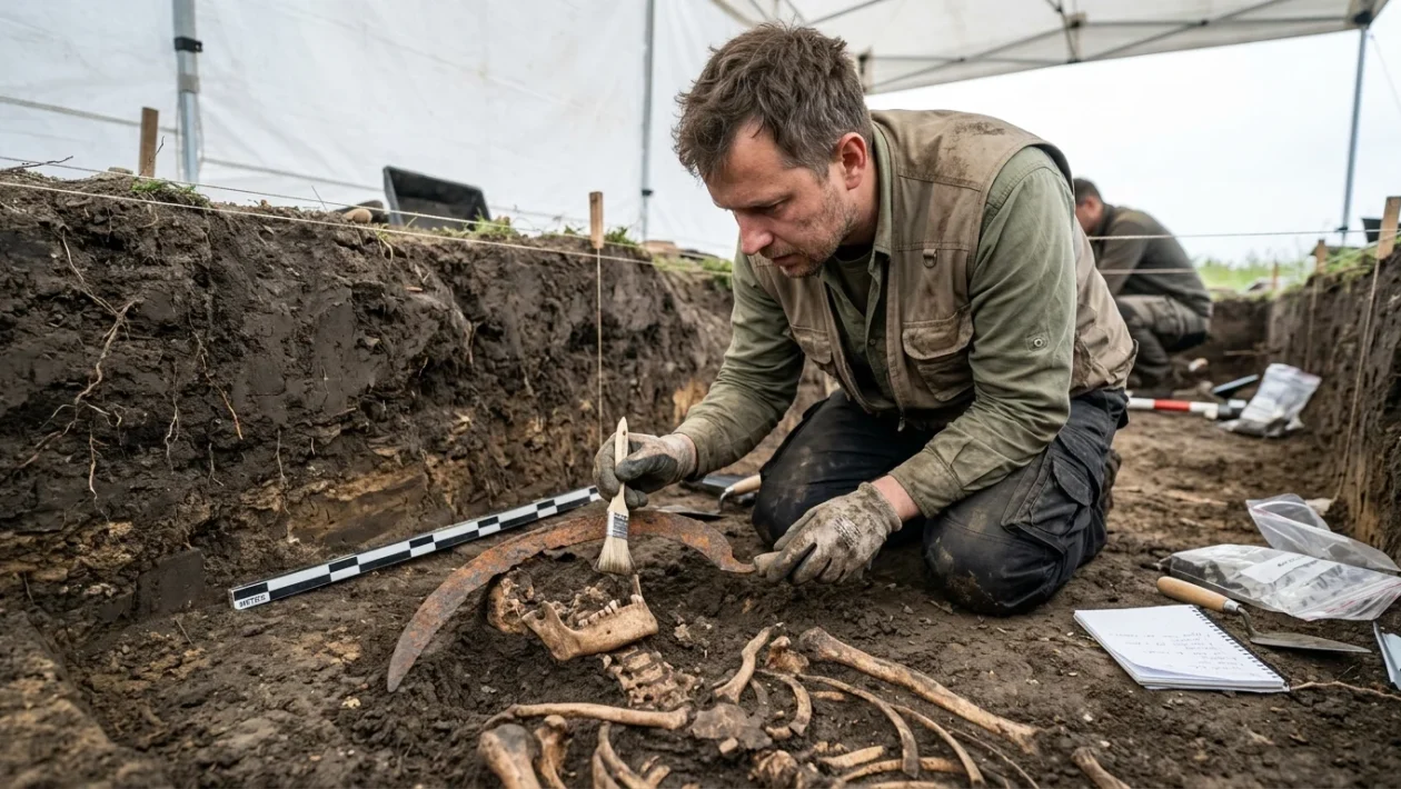 Resti archeologici della tomba 75 di Pień con falce e lucchetto