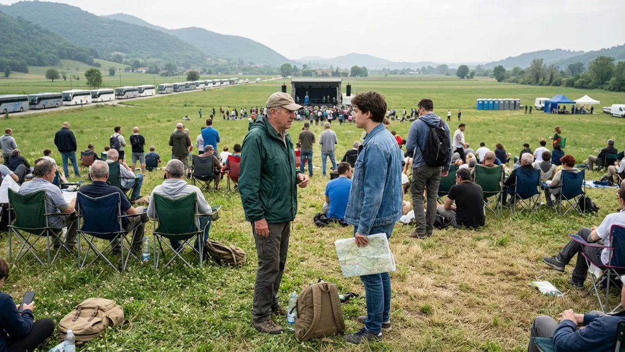 Prato di Pontida con militanti della Lega e bandiere durante il raduno politico