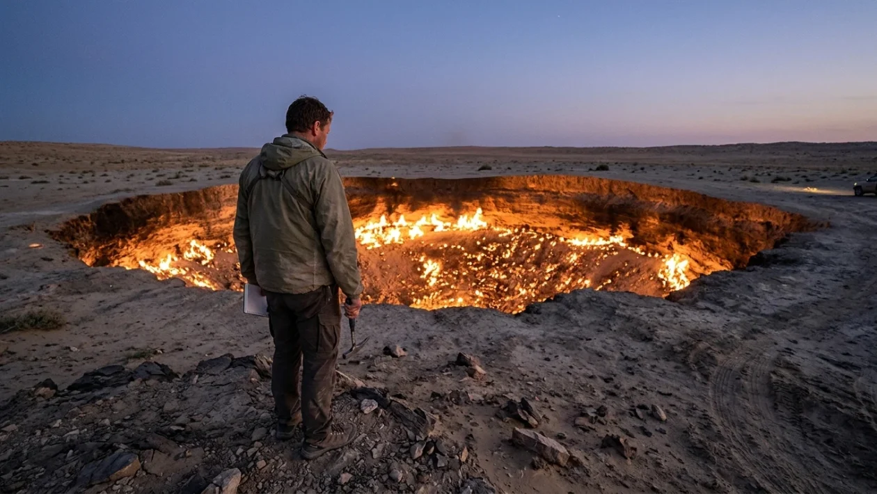 Cratere di Darvaza con fiamme di gas naturale nel deserto del Turkmenistan