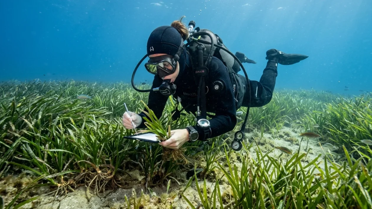 Prateria sommersa di Posidonia oceanica che ondeggia sui fondali marini trasparenti