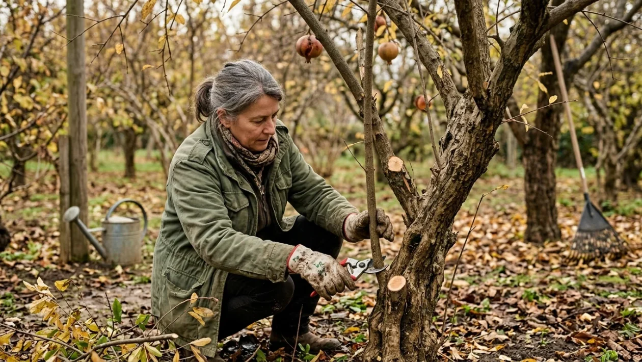 Albero di melograno con frutti maturi e rami pronti per la potatura autunnale