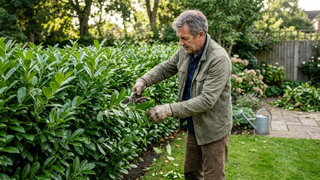Giardiniere che esegue la potatura di una siepe sempreverde con cesoie professionali