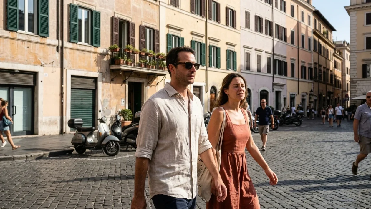 Cielo limpido e sole splendente sui tetti e monumenti storici di Roma