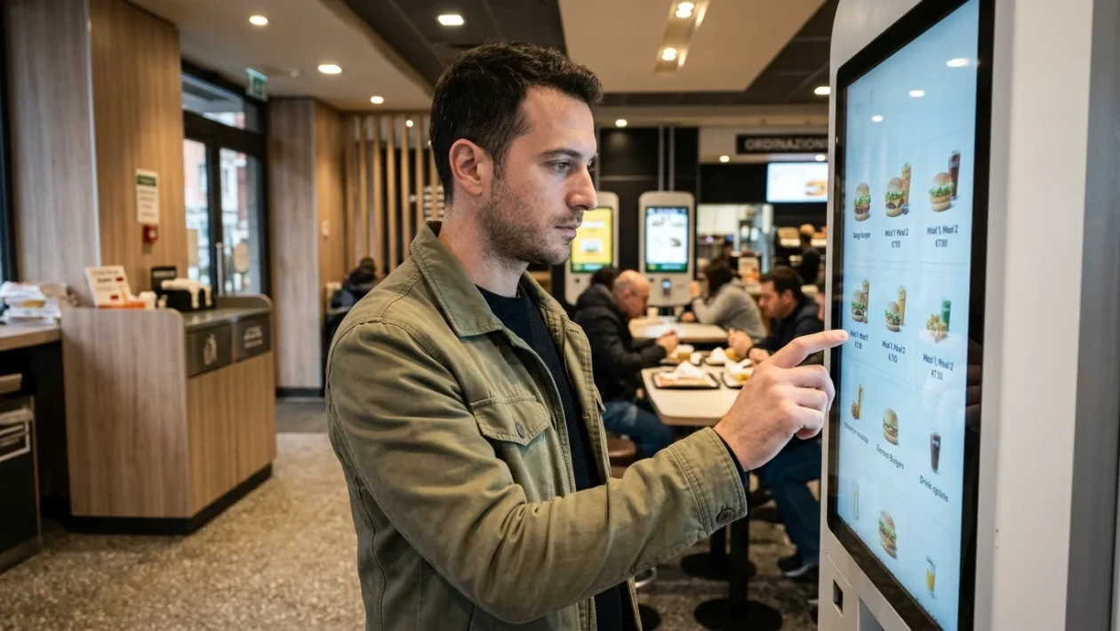 Vassoio con panino, patatine e bibita all'interno di un ristorante McDonald's