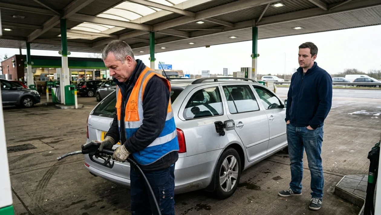 Distributore di carburante lungo una stazione di servizio autostradale con cartello delle tariffe