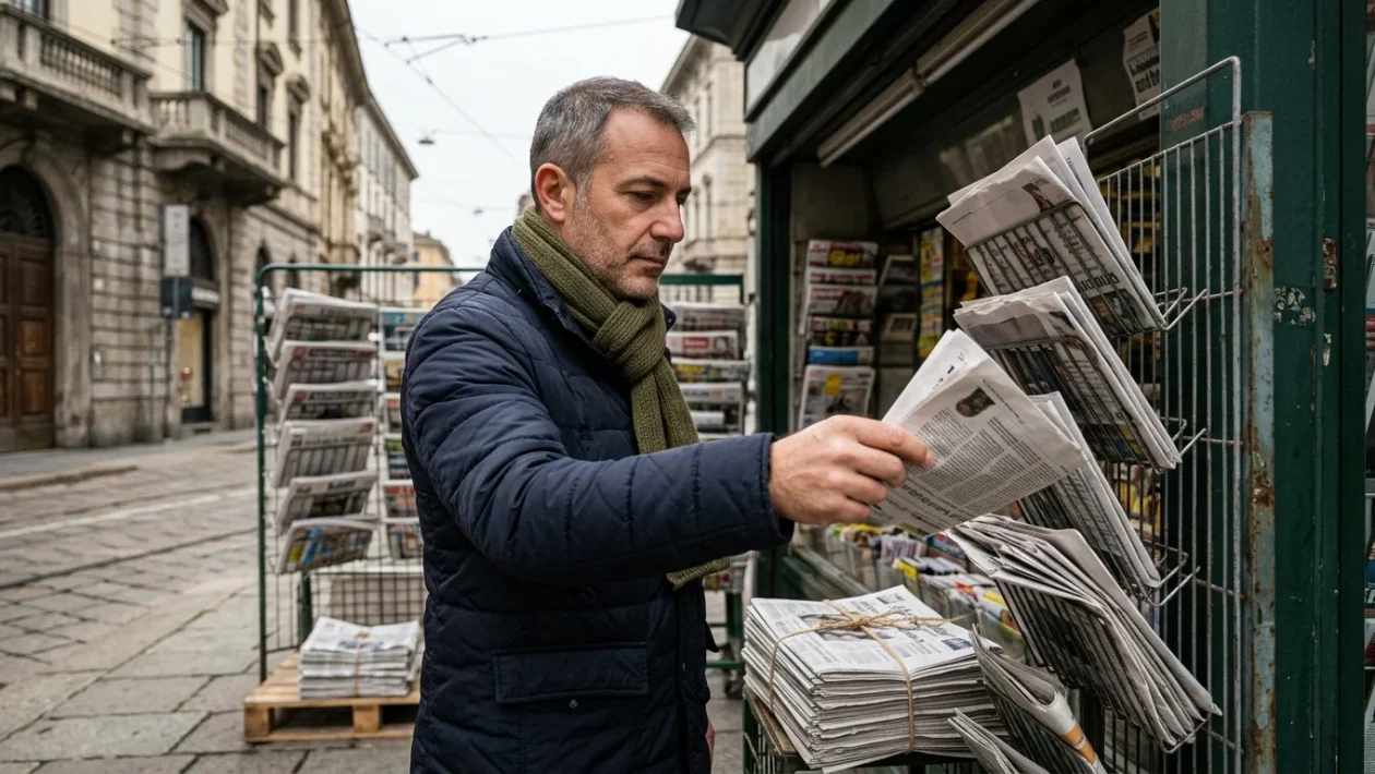 Prime pagine dei giornali sportivi italiani esposte in edicola