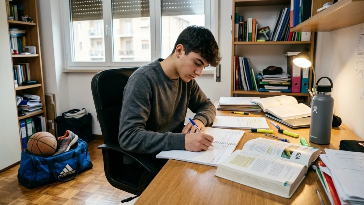 Giovane studente con borsa sportiva e libri scolastici sul banco