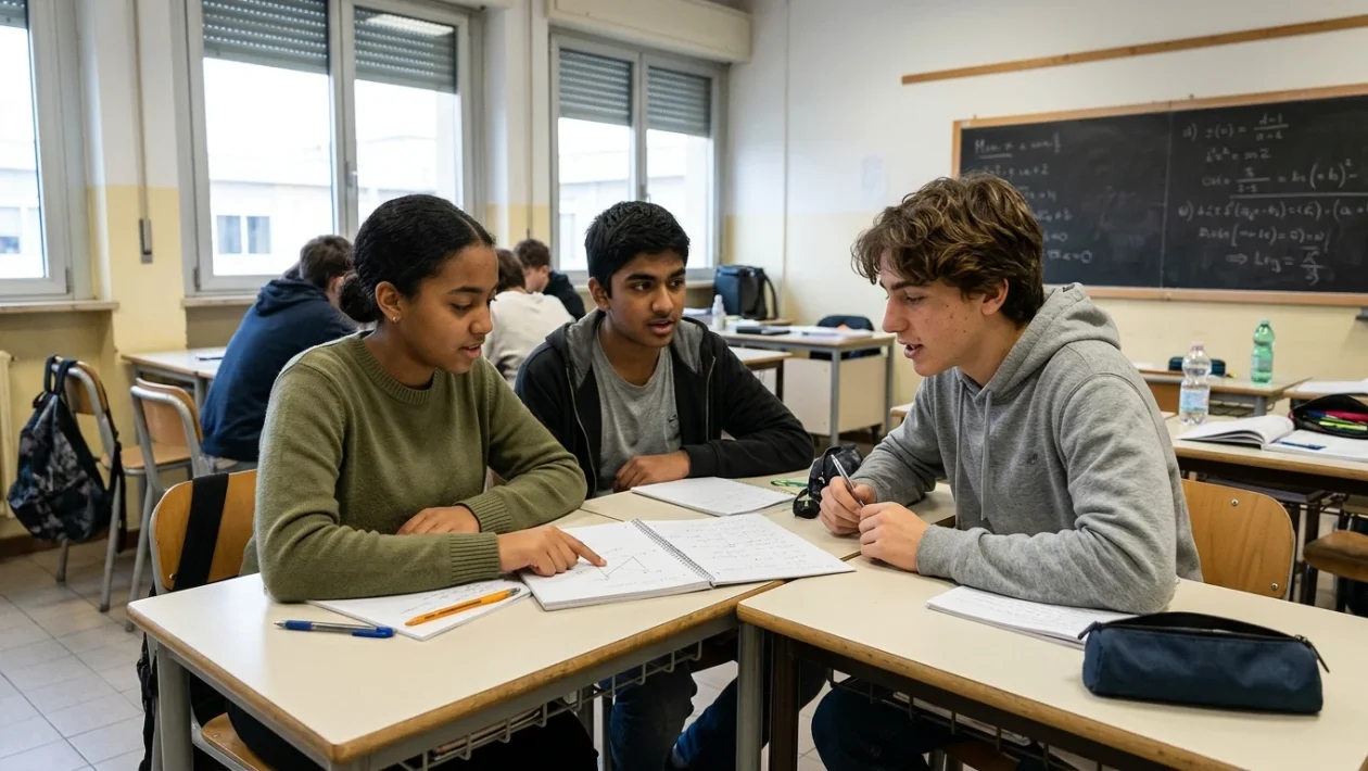 Studenti seduti ai banchi di scuola durante una lezione in un'aula scolastica italiana