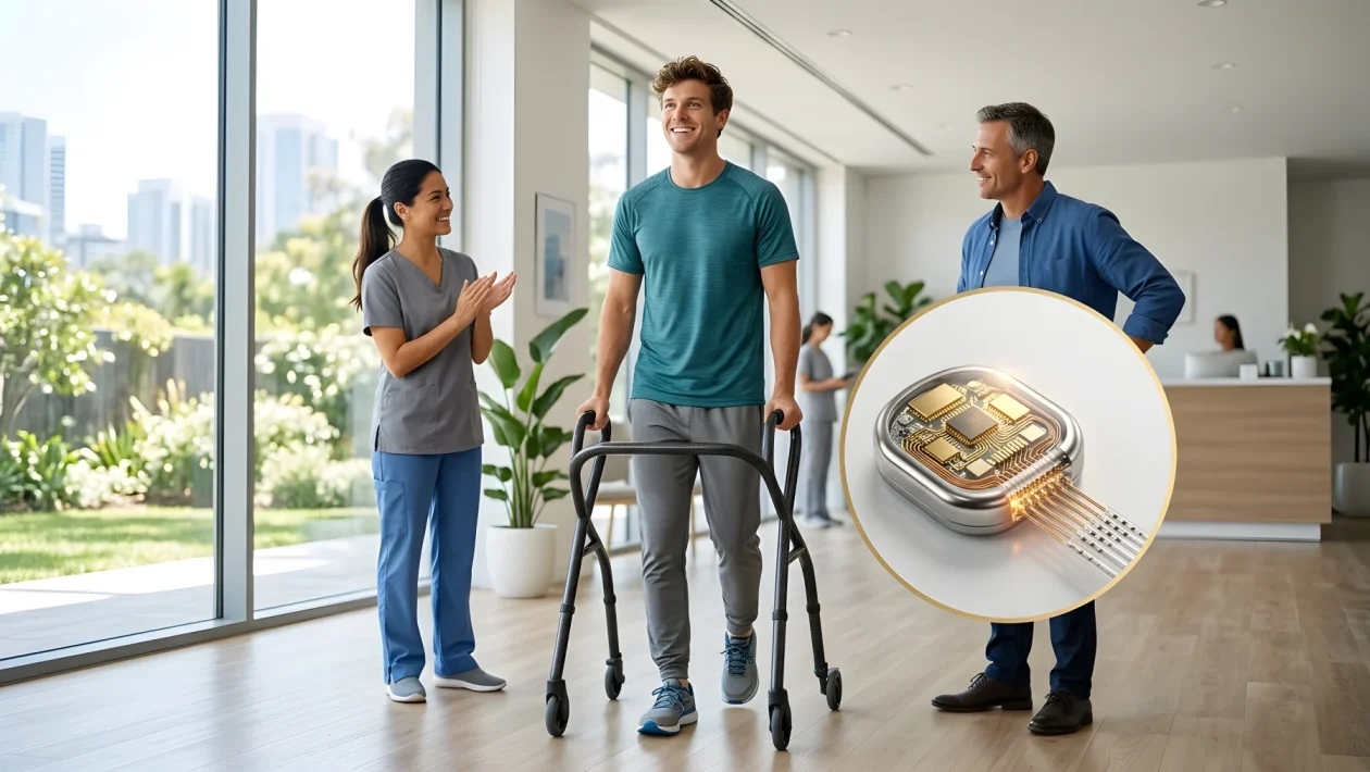 Paziente con lesione midollare in piedi durante la riabilitazione con neurostimolatore