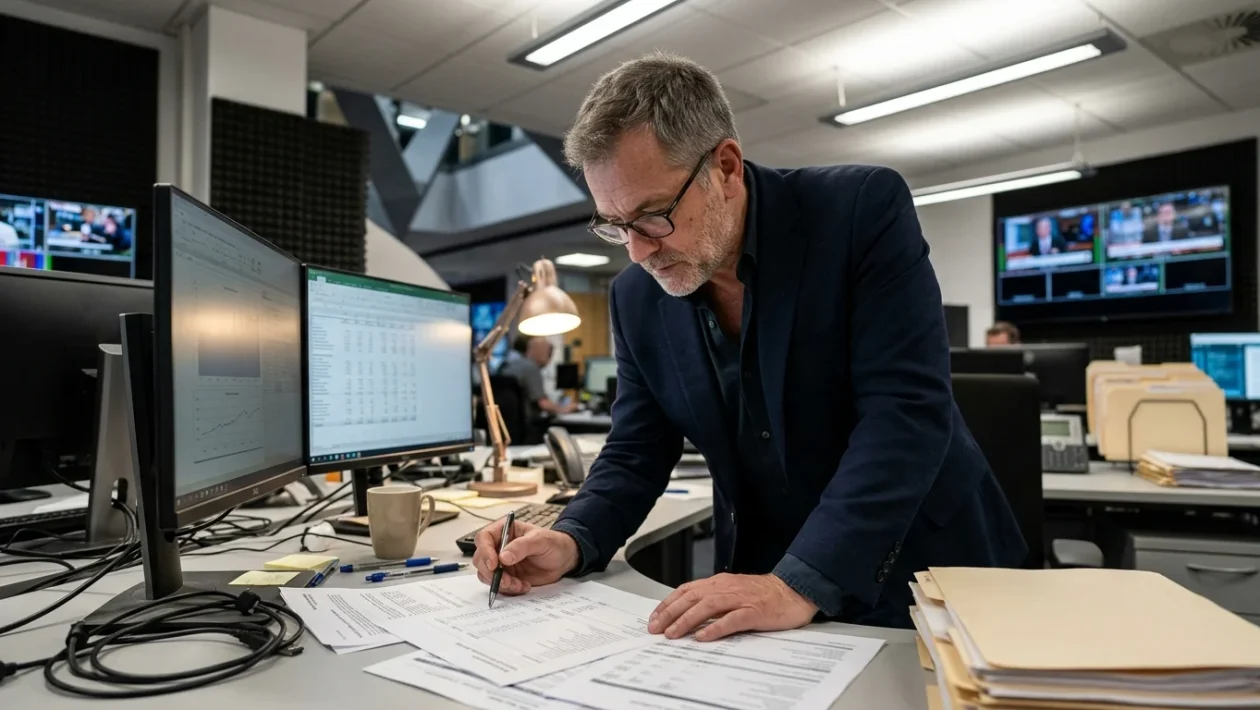 Sigfrido Ranucci nello studio televisivo di Report durante una trasmissione di giornalismo d'inchiesta