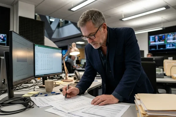Sigfrido Ranucci nello studio televisivo di Report durante una trasmissione di giornalismo d'inchiesta