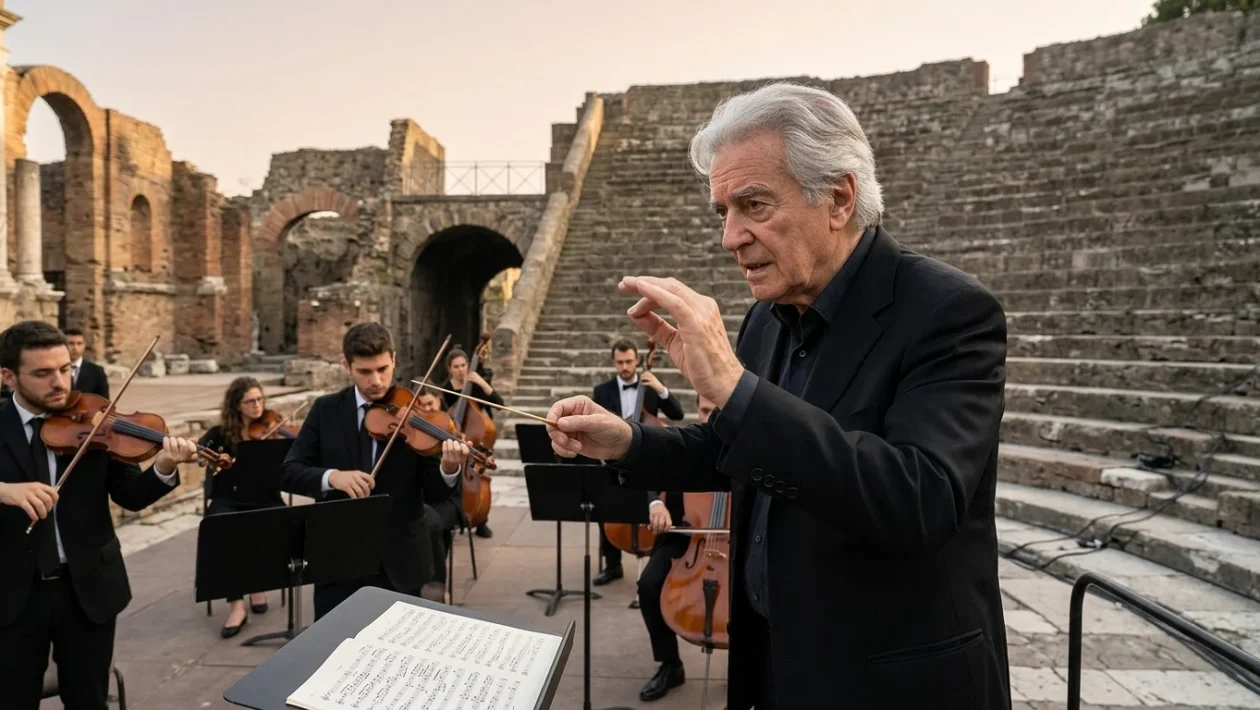 Riccardo Muti dirige un concerto sinfonico all'aperto in un teatro antico