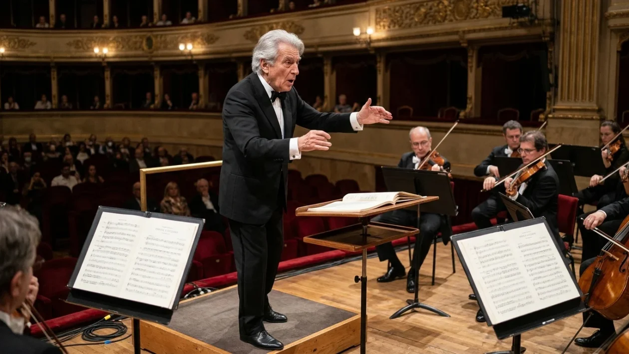 Il Maestro Riccardo Muti mentre dirige un'orchestra sinfonica sul palco