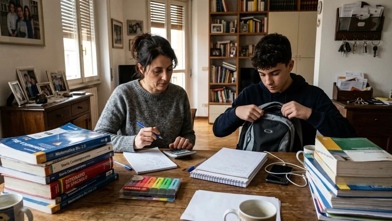 Libri scolastici e cancelleria sul banco