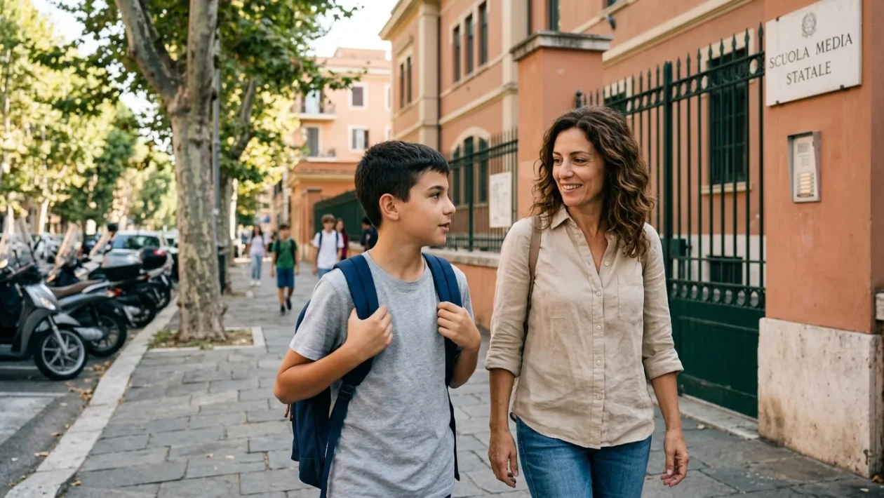 Studenti con zaini che entrano in un istituto scolastico per la prima campanella