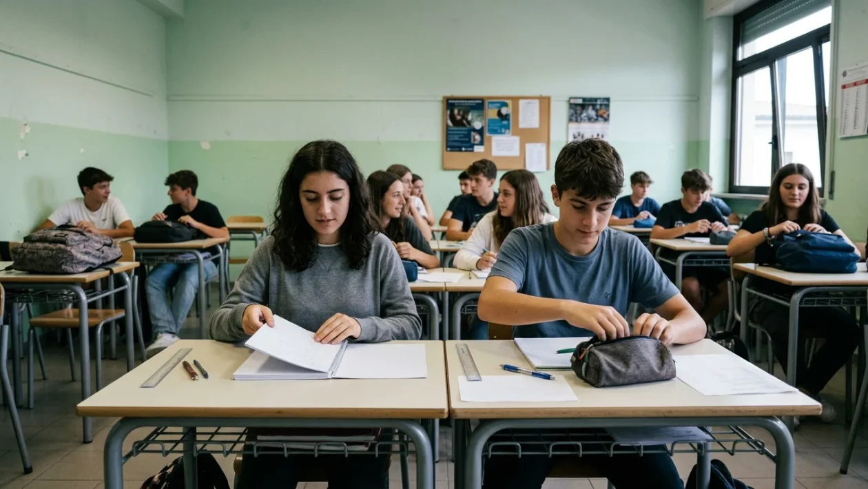 Studenti con lo zaino all'ingresso di un istituto scolastico