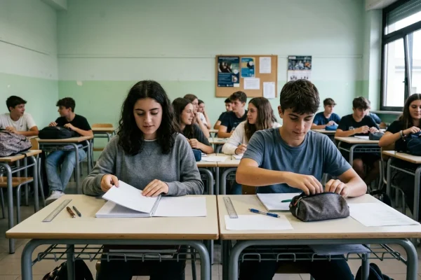 Studenti con lo zaino all'ingresso di un istituto scolastico