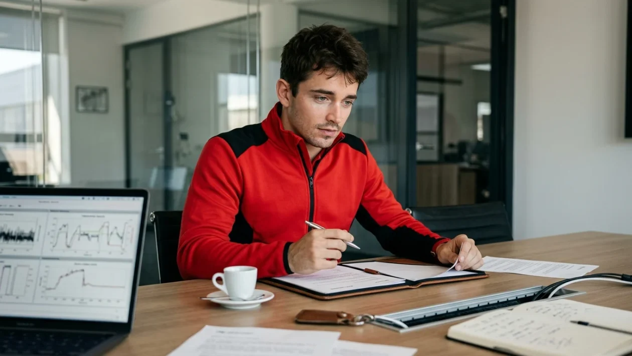 Charles Leclerc con la tuta ufficiale della Scuderia Ferrari nei box