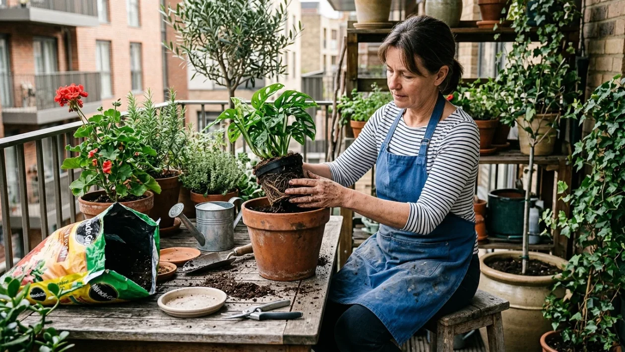 Pianta in vaso pronta per il rinvaso con terriccio fresco