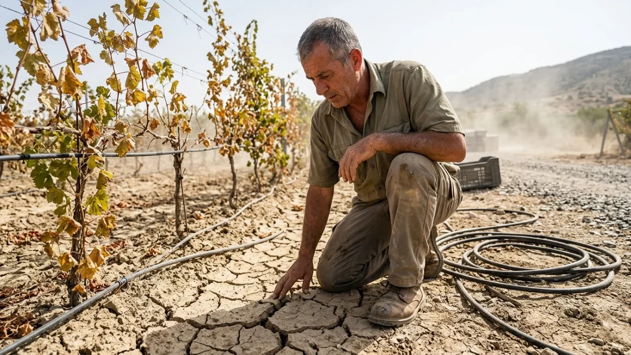 Vigneto colpito da siccità e caldo estremo durante la stagione estiva