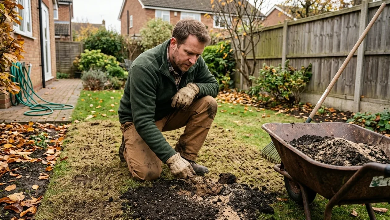 Preparazione del terreno da giardino per la risemina autunnale dell'erba