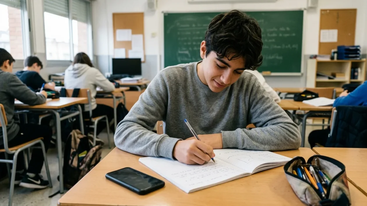 Studente scrive a penna sul diario cartaceo sul banco di scuola