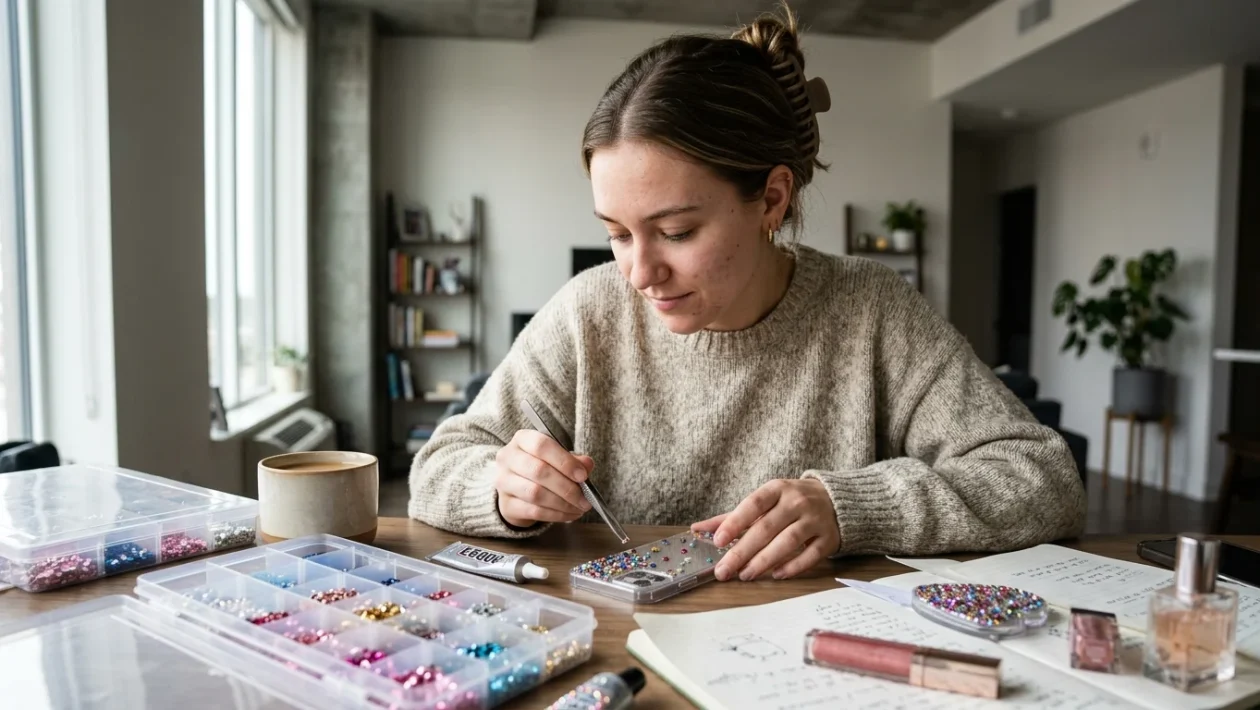 Dettaglio di strass e cristalli applicati su oggetti e make up