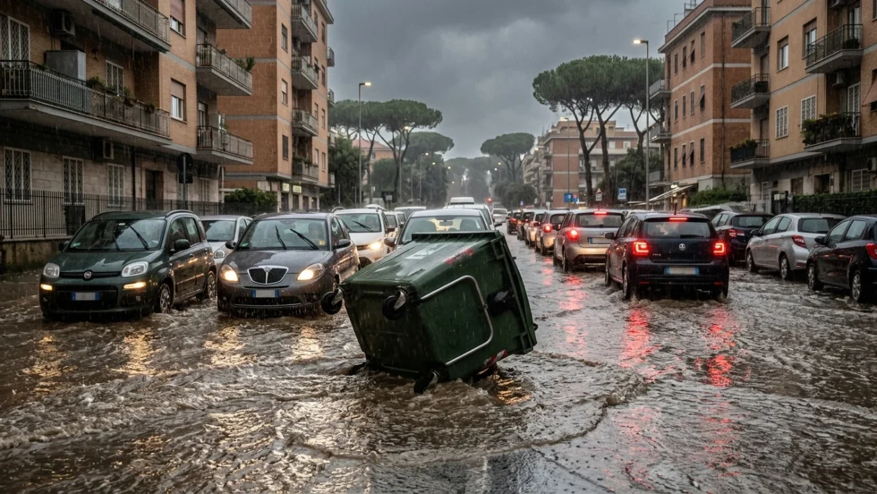 Carreggiata allagata con veicoli in coda nel quadrante di via Flaminia e Ponte Milvio