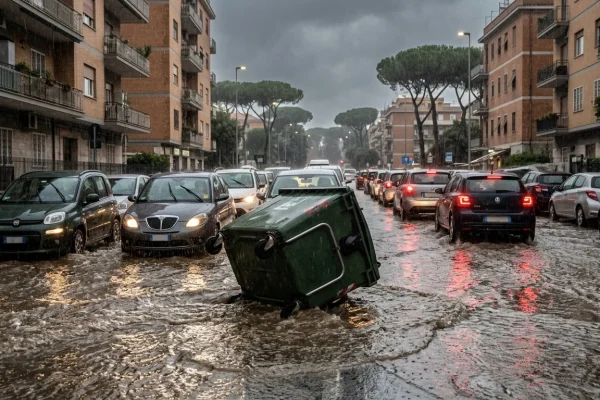 Carreggiata allagata con veicoli in coda nel quadrante di via Flaminia e Ponte Milvio
