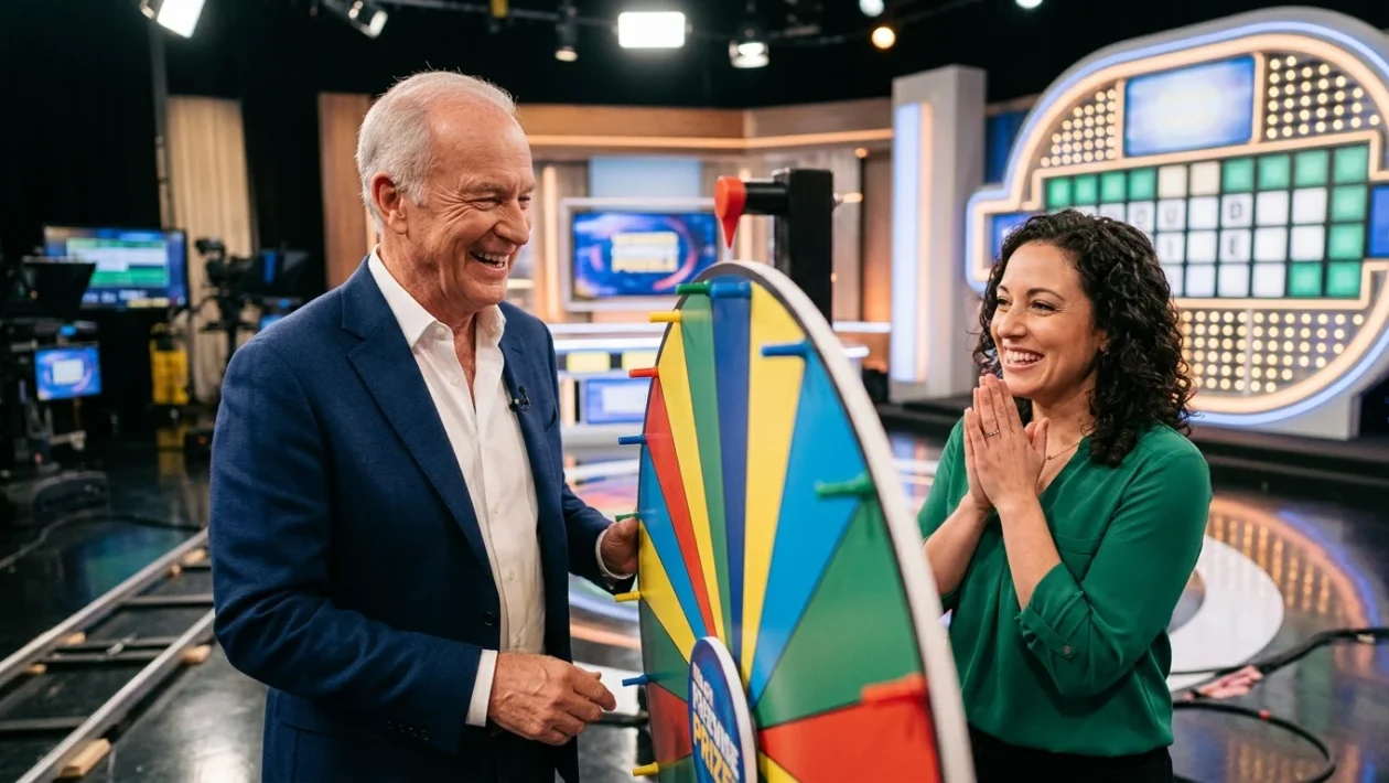 Lo studio televisivo del quiz show La Ruota della Fortuna con la celebre ruota colorata e il tabellone delle lettere