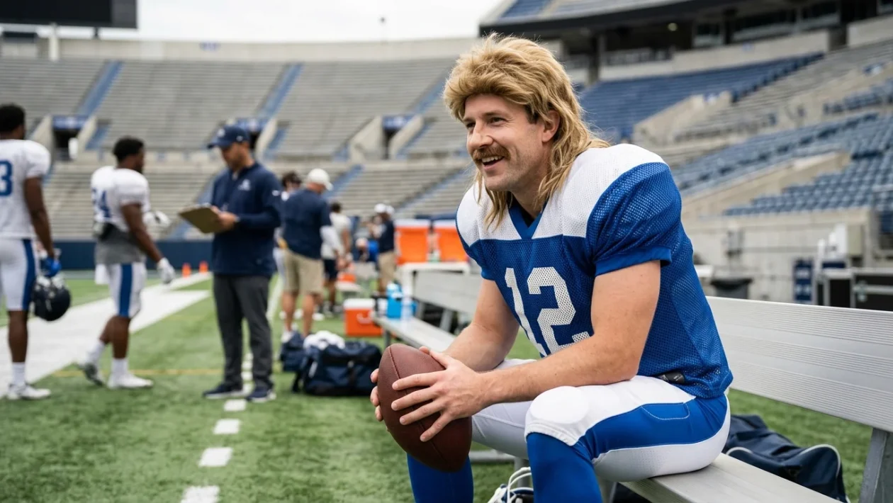 Glen Powell truccato da quarterback nel ruolo di Russ Holliday per la serie comedy Chad Powers
