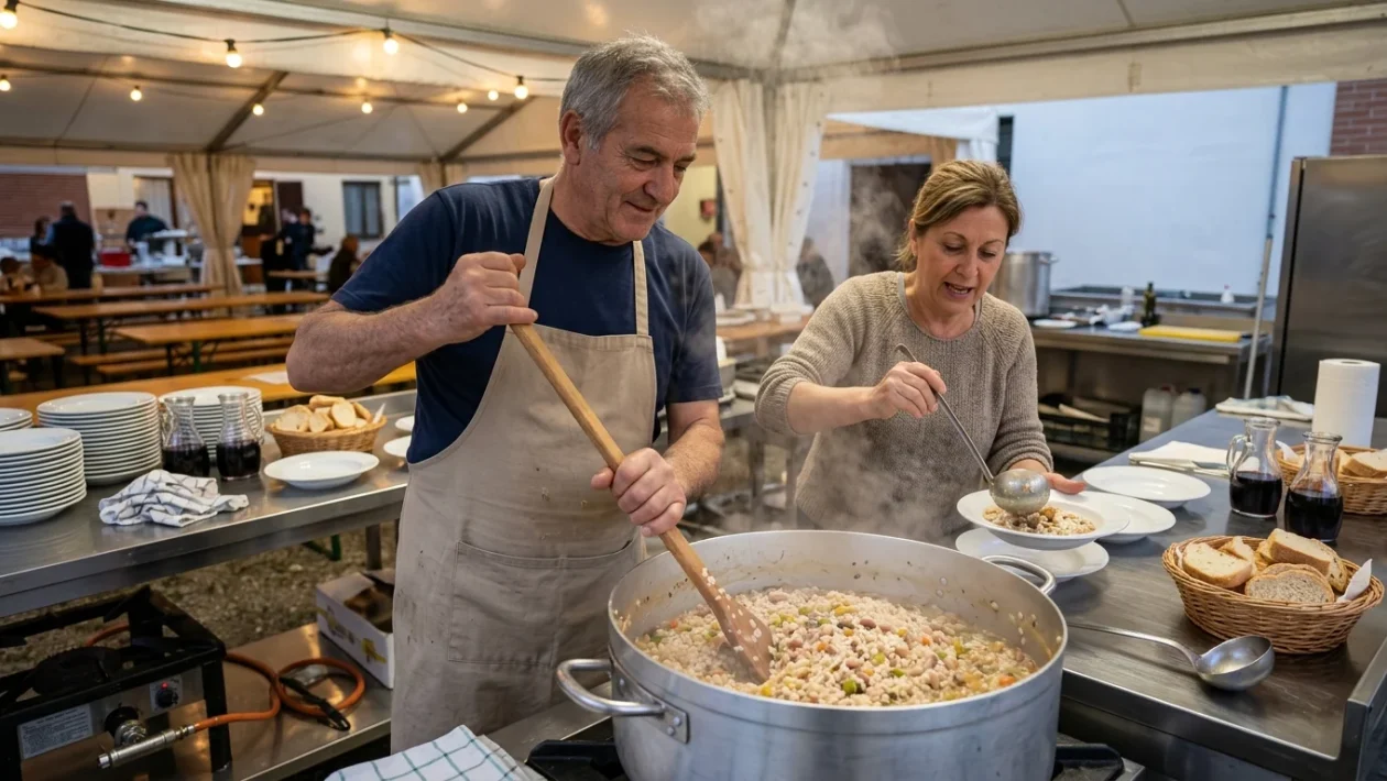 Piatto tipico di paniscia novarese preparato durante una festa di paese a Granozzo con Monticello
