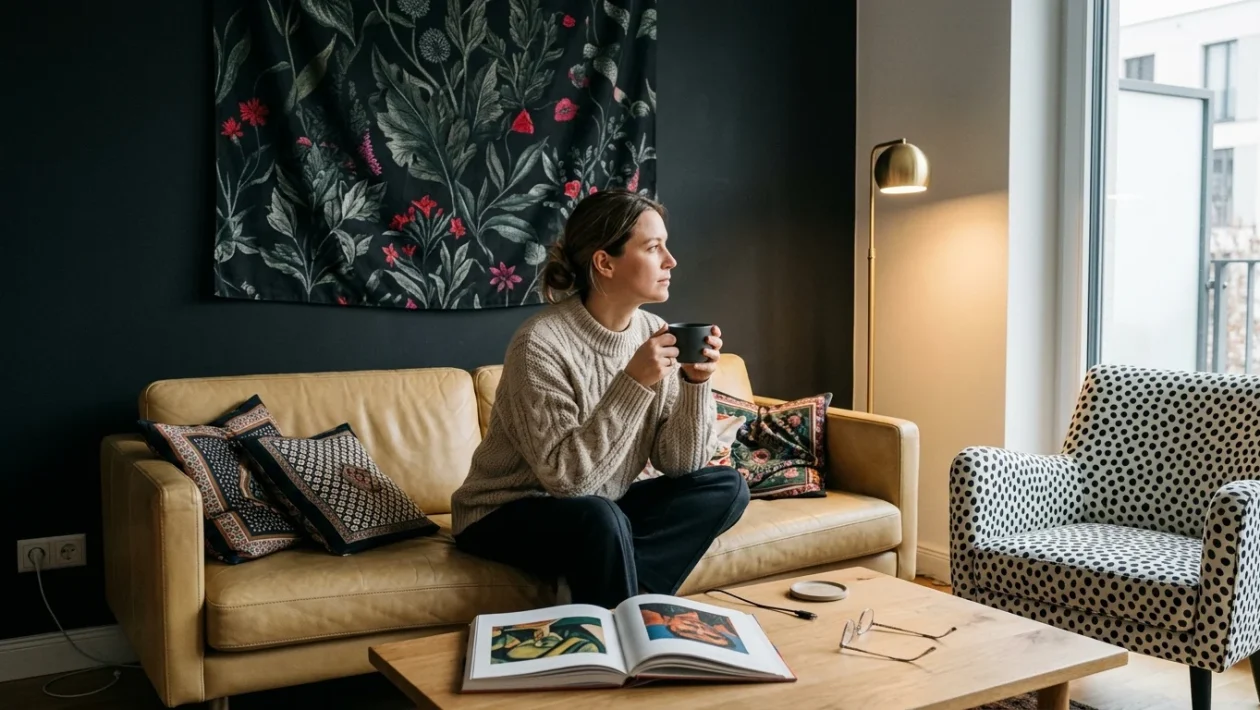 Salotto moderno con poltrona bicolore e cuscini decorativi a motivi dark floral